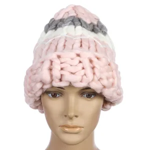Новая Корейская Вязание шерстяные шапки для женщин с длинным ворсом теплые зимние Шапки брендовые головные уборы Skullies Beanies с тремя Цвет шить шапка ручной работы