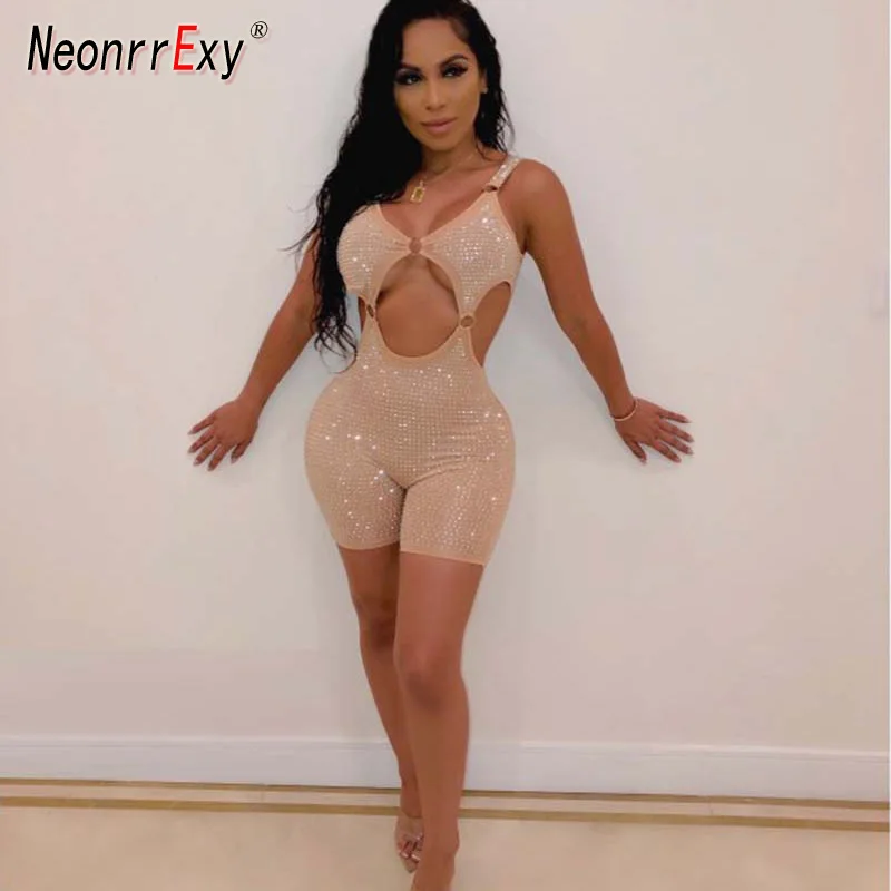 Neonrrexy сексуальный эластичный обтягивающий комбинезон с кристаллами и пряжкой