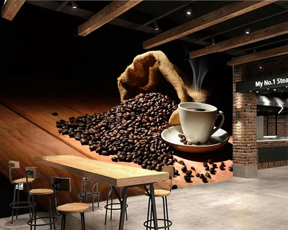 Papel de parede кофейные деревянные доски чашка зерна паровой еды 3d обои роспись для