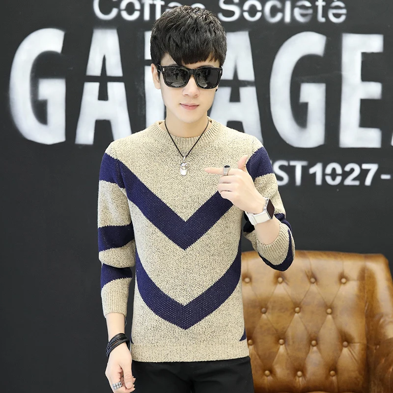 Свитер мужской тонкий в полоску с круглым вырезом и длинным рукавом|Джемперы| |