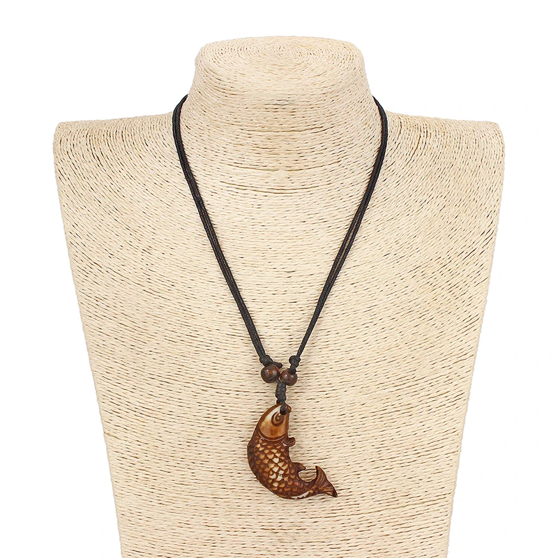 12pcs Brown Fuax Yark Bone Fish Shaped Pendant Neckalce Surfer Fashion Black Wax Cotton Cord Resin Necklace|Ожерелья с подвеской| |