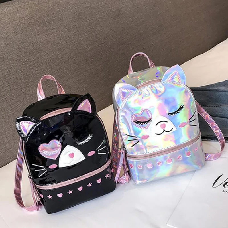 Yogodlns Милая кошка Mochila Mujer лазерный голографический рюкзак женский маленький мини рюкзак для девочек Школьный Рюкзак PU дорожные сумки