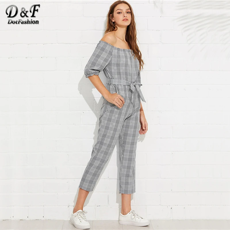 Dotfashion серые клетчатые комбинезоны с открытыми плечами и завязками на талии для женщин элегантные комбинезоны весенний комбинезон с завышенной талией