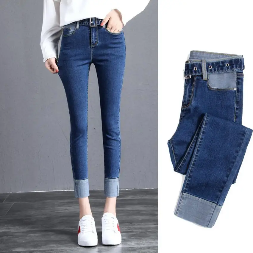 

Autumn New Jeans Women's Clothing Contrast Trousers Drawstring Waist Belt Pants Slim Trend Elasticity Casual Cuffs Jeans