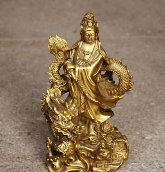 

Изысканный буддизм латунь медь Kwan-yin гуаньин Бодхисаттва езды Статуэтка дракона