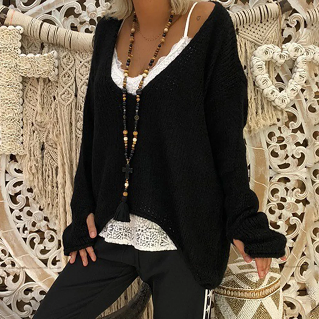 2018 Casual Women Loose Knitted Sweaters Autumn Winter V Neck Irregular Crochet Jumper Half Glove Female Oversized Pullover Tops | Женская