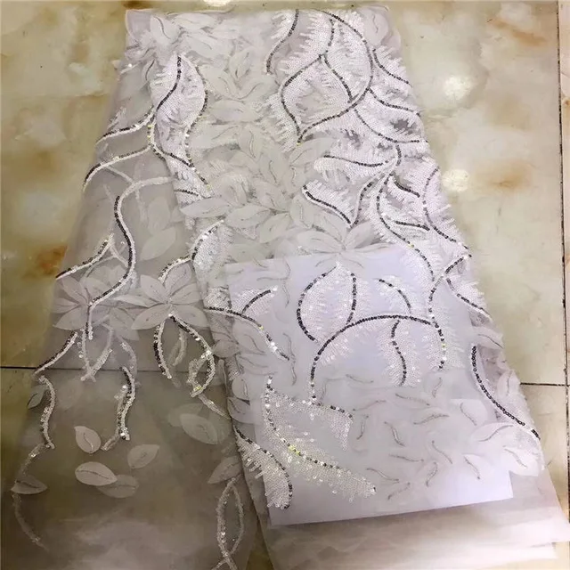 

Pure White French Lace Fabric Best Quality African Lace Fabric Beautiful Leaves Applique Lace Material With Sequins