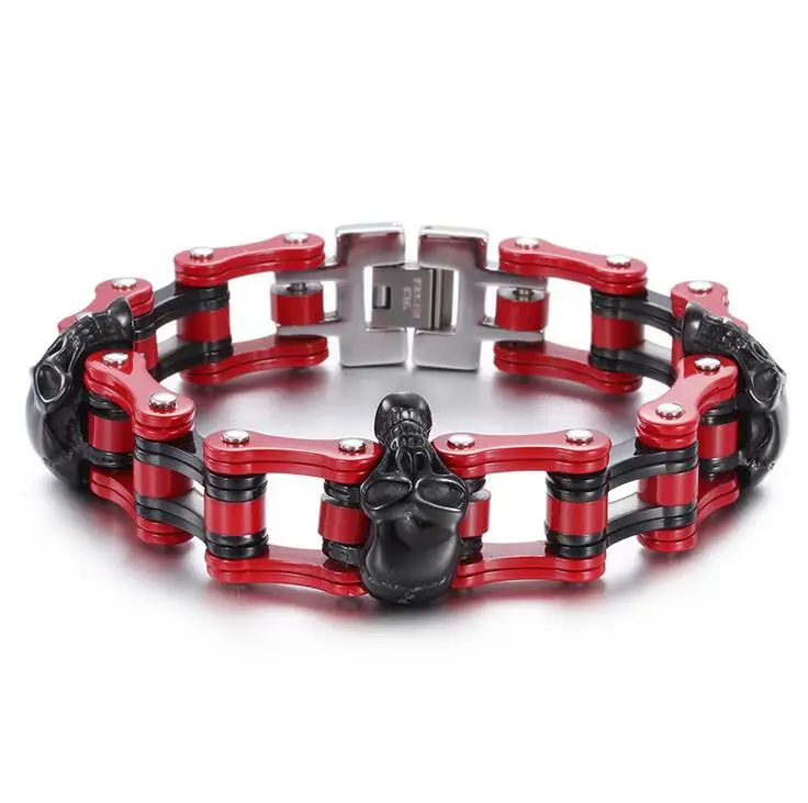 Heavy Black Gold Motorcycle Biker Bracelet For Men Hiphop Punk Red Stainless Steel Bangles Bicycle Chain Skull Jewelry pulseira | Украшения