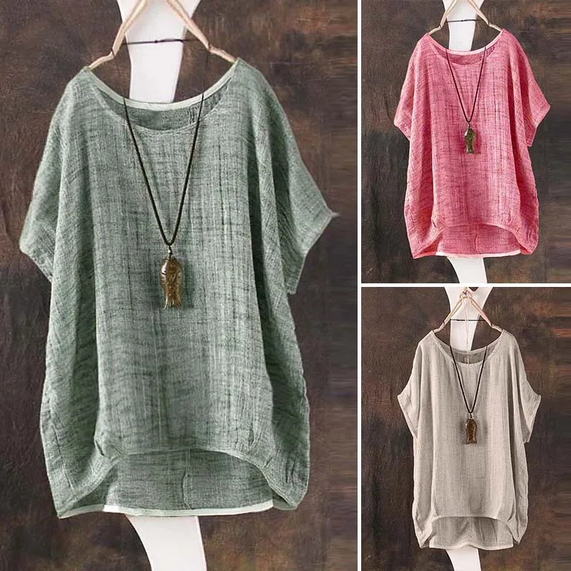 2018 Летние Женские однотонные свободные блузки с круглым вырезом повседневные