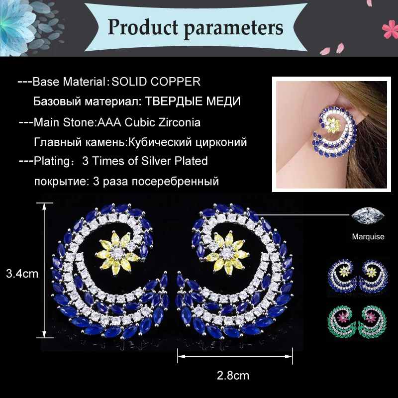 BeaQueen Beautiful CZ Marquise Cut Dark Blue Yellow Cubic Zirconia Large Stud Earrings Women Bohemia Costume Jewelry E136 | Украшения и