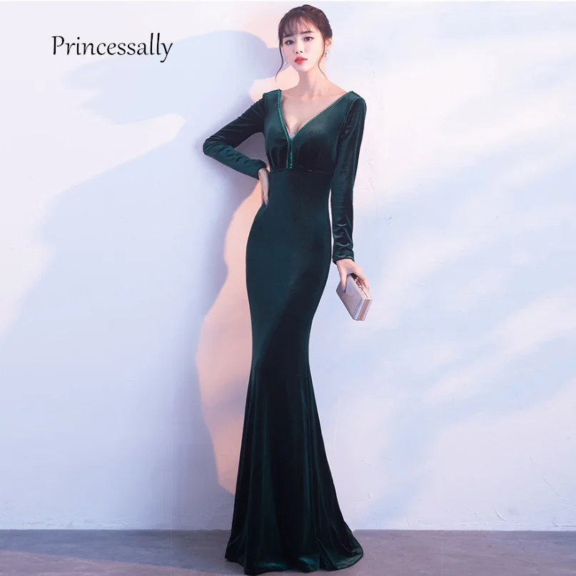 Новинка длинное велюровое вечернее платье с длинным рукавом Русалка сексуальное