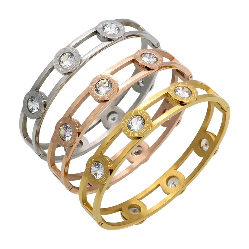 

Double Lines Six Cubic Zirconia Roman Numerals Round Stainless Steel Bangle