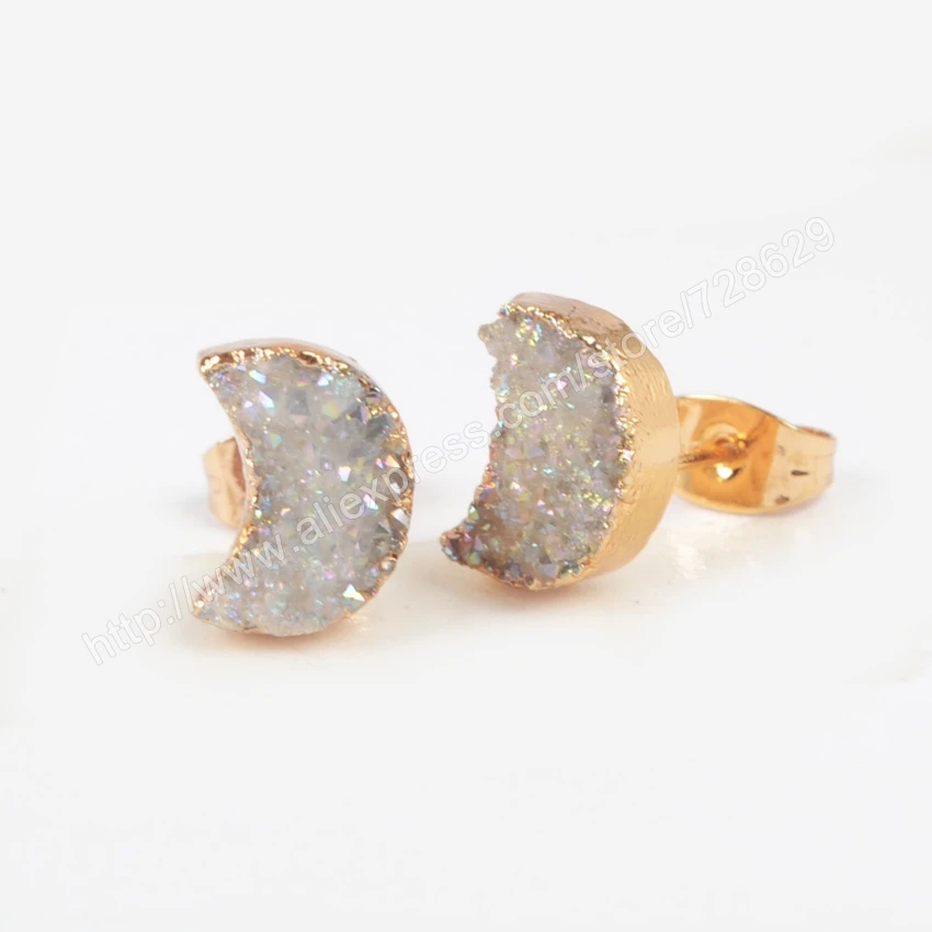 5pcs Gold Color Moon Natural Crystal Titanium Mix Druzy Stud Earrings High Quality Drusy Jewelry Free Shipping G0913 | Украшения и
