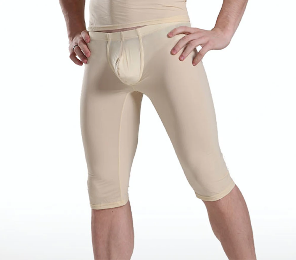 

1PCS Men Transparent Capris Sexy Ice Silk Pants Low Waist Five Pants Sexy Tight Convex Pouch Pocket Pajama Breathable Trousers