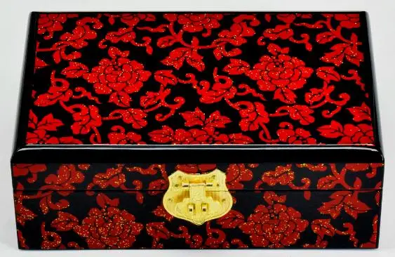 

NEW Chinese handmade classic wooden lacquer & rose jewel box 2 layers