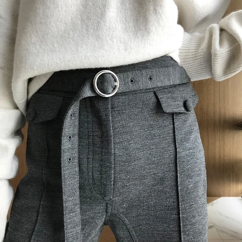 TWOTWINSTYLE, корейские шерстяные брюки для женщин, с высокой талией, с карманами, с Боковым Разрезом, расклешенные брюки, женские повседневные Модные, Осенние