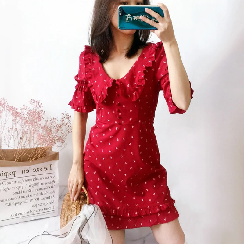С рюшами Обёрточная бумага линия платье 2019 Для женщин Красный оборкой