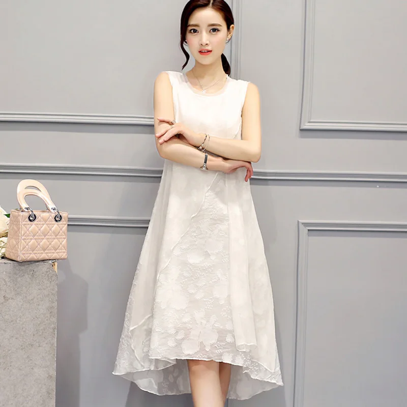 Женское летнее платье белое черное шелковое с круглым вырезом плюс размер S ~ 5XL