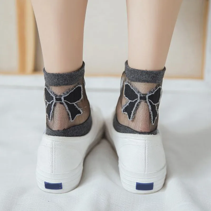 Носки женские прозрачные с бантом летние шелковые в японском стиле Харадзюку до