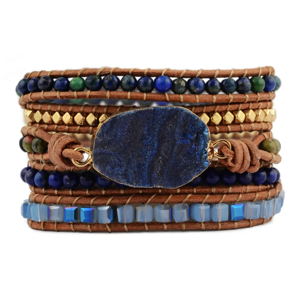 

Mixed Natural Blue Titanium Galaxy Quartz Charms 5 Wrap Bracelets Lapis Jaspers Stone Beads Boho Bracelet Dropshipping