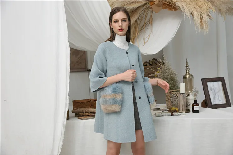 OFTBUY, шерстяная смесь,, зимняя куртка для женщин, натуральный мех, пальто для девушек, двусторонняя шерсть, кашемир, натуральный Лисий мех, с карманами, шерстяное пальто