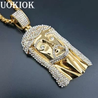hip hop men gold color full rhinestone big jesus head necklace pendant stainless steel iced out pendant chain hiphop jewelry