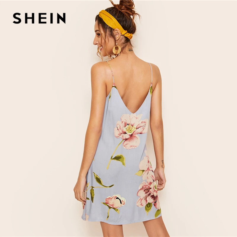 SHEIN синее летнее платье с цветочным принтом и двойным v-образным вырезом на бретельках, женское платье в стиле бохо, женские прямые короткие платья на бретельках