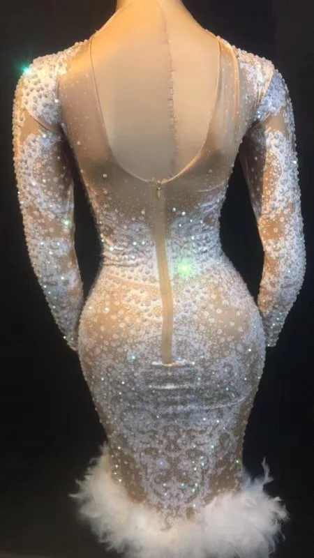 

Women New Sparkly AB Stones Feather Dress Stretch Sexy Nightclub Bar Dance Wear Evening Celebrate Costume Prom Birthday Dresses
