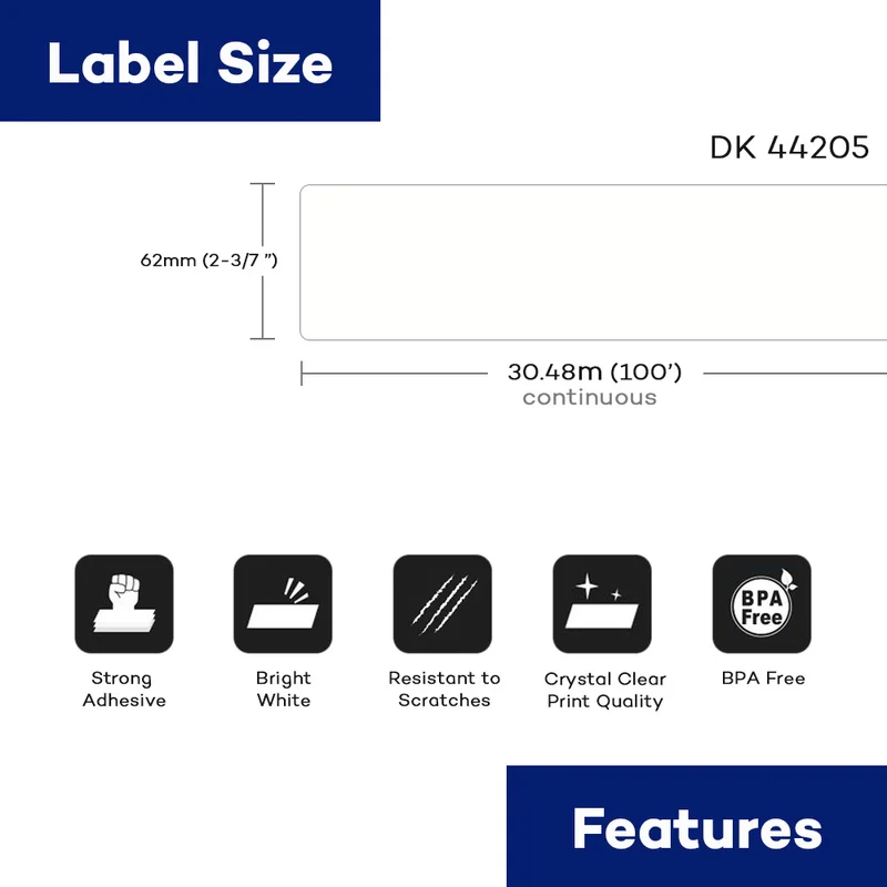 1PC Refill Rolls Thermal Paper DK-44205 Label 62mm*30.48m Continuous Compatible for Brother Printer White DK44205 | Компьютеры и офис