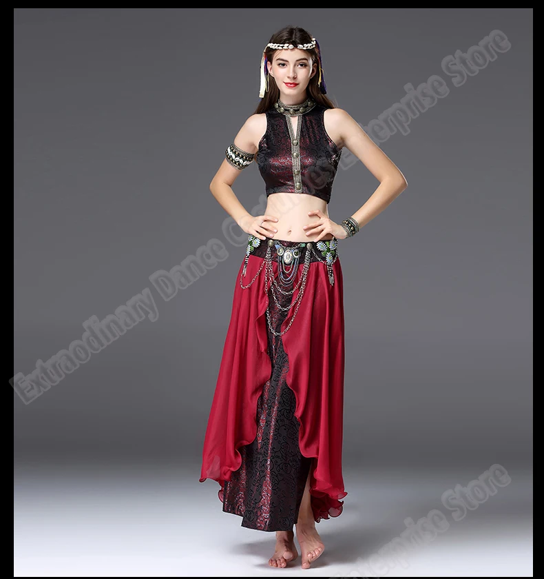 New Women Gypsy Top Belly Dance ATS Tribal Costume Suit Set Bra Top Skirt Bead Gypsy Dress Stage Performance Tribal