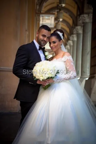 2017 Wedding Dresses Ball Gown Boat Neck Tulle Long Sleeve Lace Applique vestidos de noiva trouwjurk Custom Made l1445 | Свадьбы и