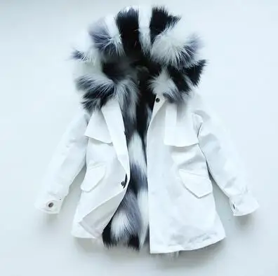 White Black Fur От 2 до 12 лет пальто с мехом для девочек; детские меховые куртки с капюшоном; сезон весна-осень; куртки для девочек и мальчиков; зимние парки; детский зимний комбинезон - Цвет: White Black Fur
