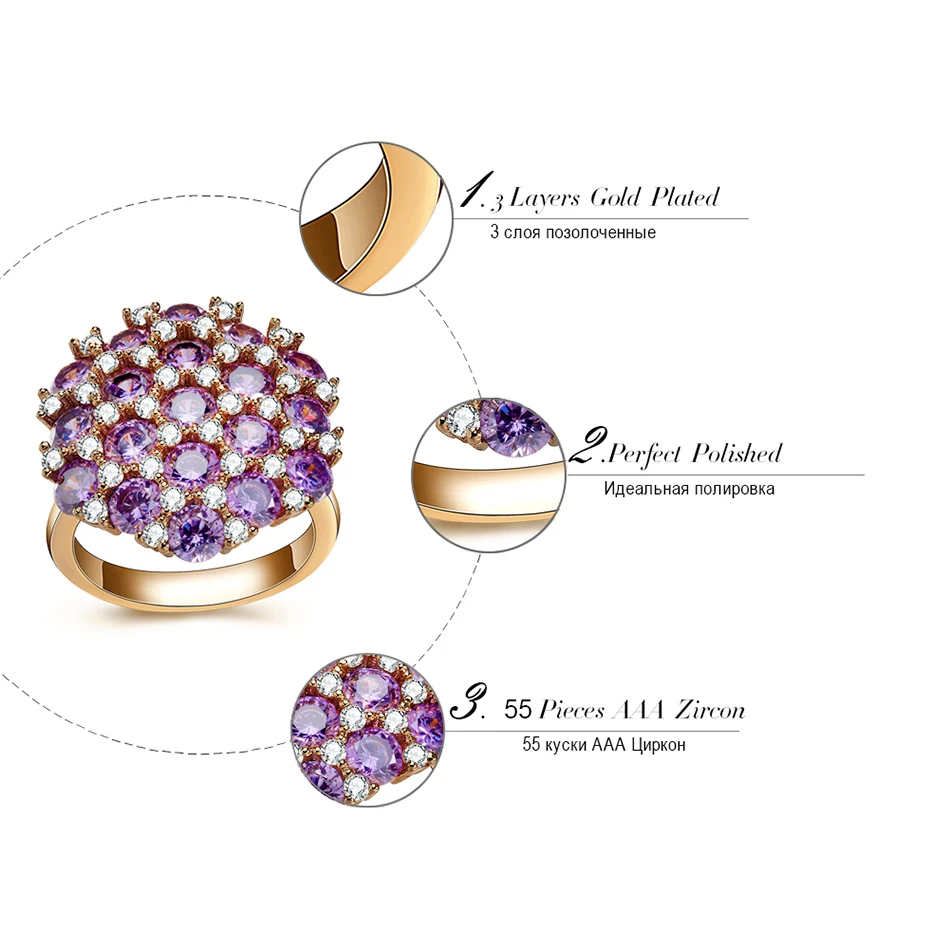 ORSA JEWELS женские кольца с AAA фиолетовым кубическим цирконием, большие золотые кольца, модные вечерние женские ювелирные изделия OMR08