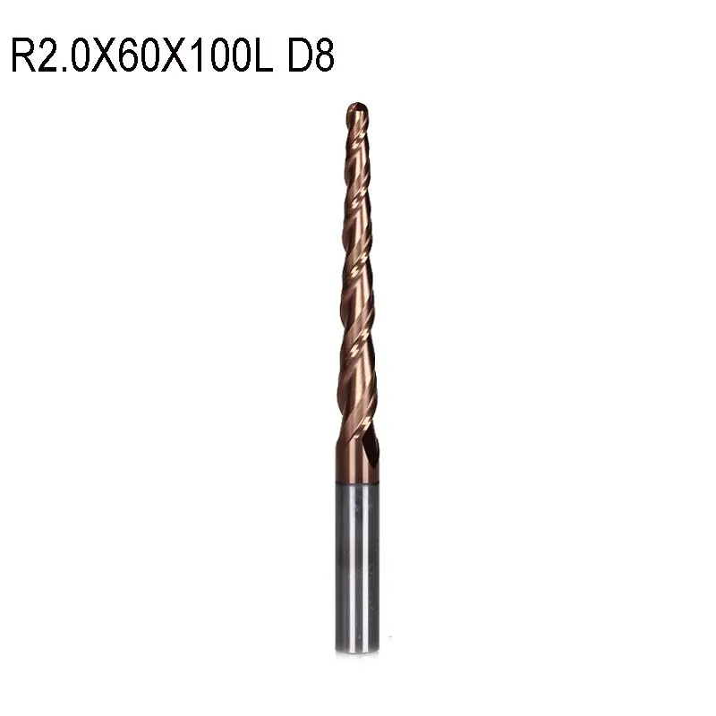 1 шт. R2.0 * D8 60 100L 2F HRC55 вольфрамовое твердосплавное покрытие конические сферические