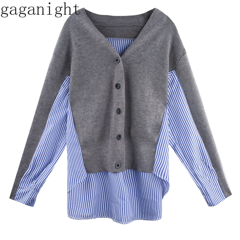 Gaganight женский осенний Новый Полосатый лоскутный вязаный свитер рубашка с