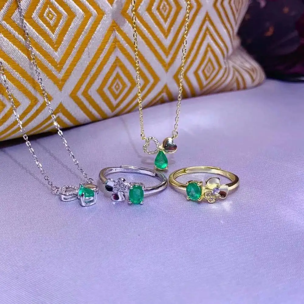 

SHILOVEM 925 sterling silver Natural Emerald rings pendants send necklace fine Jewelry wedding new gift dtzj0405z0406agml