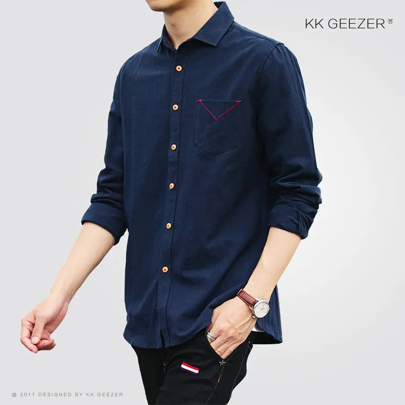 Navy Blue Весенние мужские повседневные рубашки, хлопок, черный, белый, длинный рукав, одежда для мужчин, длинный рукав, облегающая блузка размера плюс M 5XL - Цвет: Navy Blue