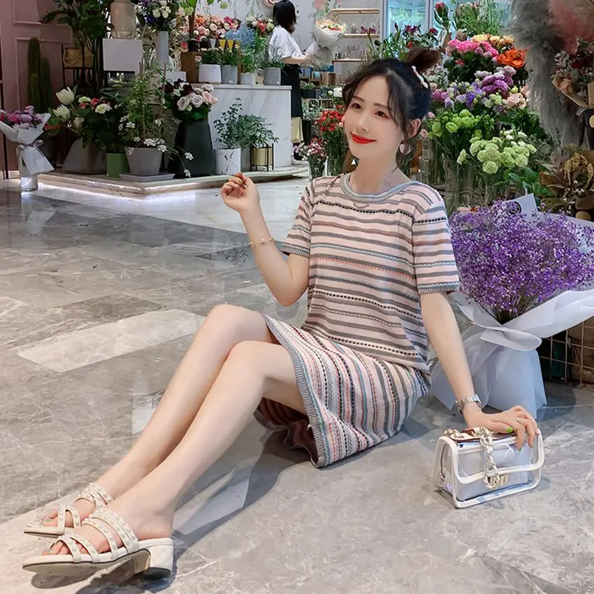 New Maternity Dress Summer Knit Korean Fashion Striped Pregnancy Skirt | Мать и ребенок