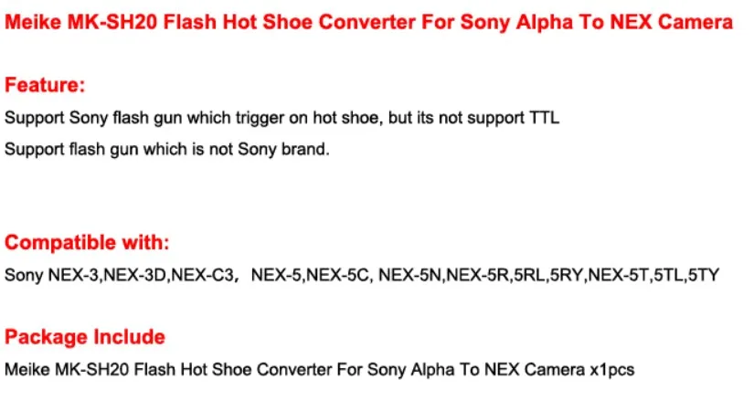 Meike MK-SH20 Вспышка Горячий башмак конвертер для sony Alpha К NEX камера RX100M2 RX1 RX100M A6000 A7