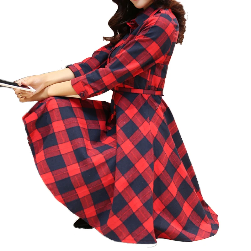 Ретро красный плед блузка рубашка платье Для женщин-лен отложной воротник с