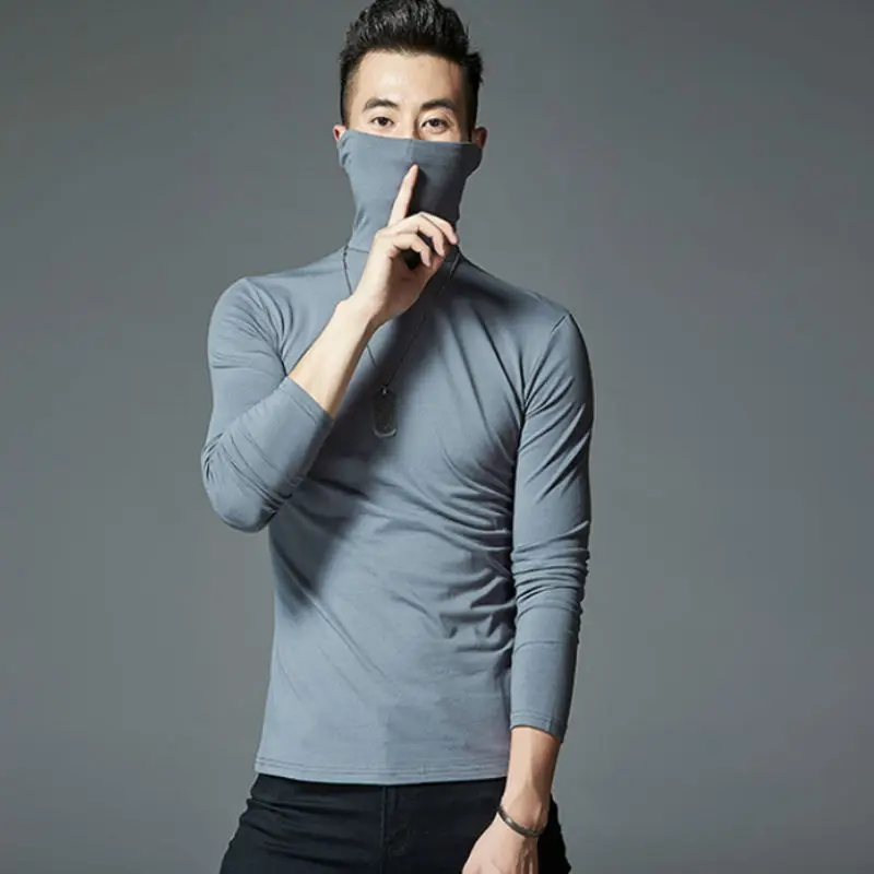 

Nice New Tide Mens Casual t-shirts High Collar Pure Color Bottoming Shirt Pure Cotton Pullover Loose And Comfortable Long Tshirt