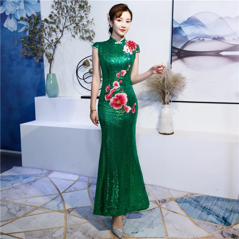 Светильник голубое платье Cheongsam Восточный для женщин Свадебные короткий рукав