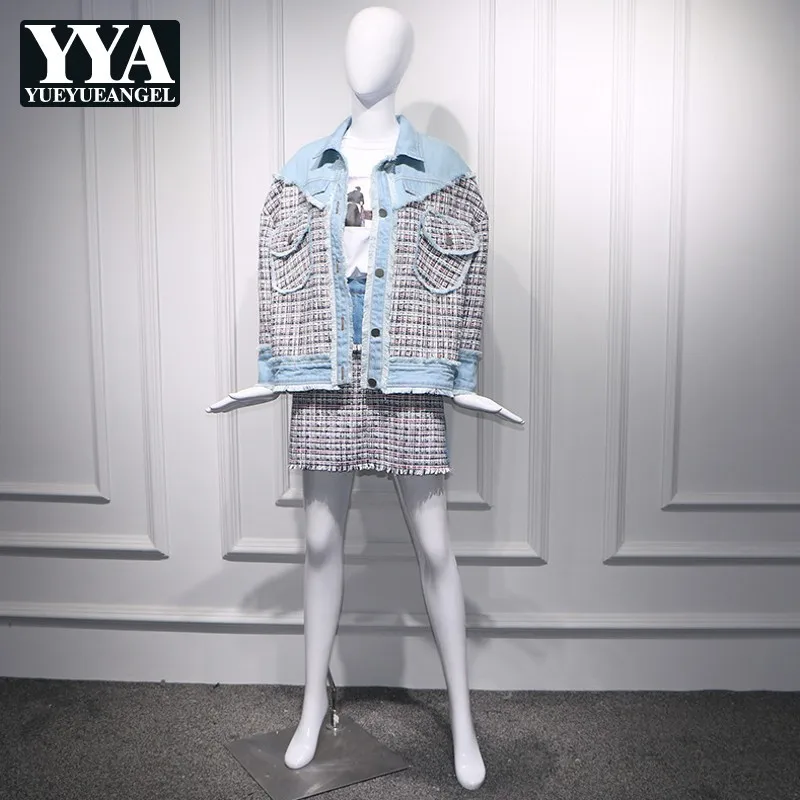 Женский джинсовый клетчатый комплект из 2 предметов свободный жакет с карманами