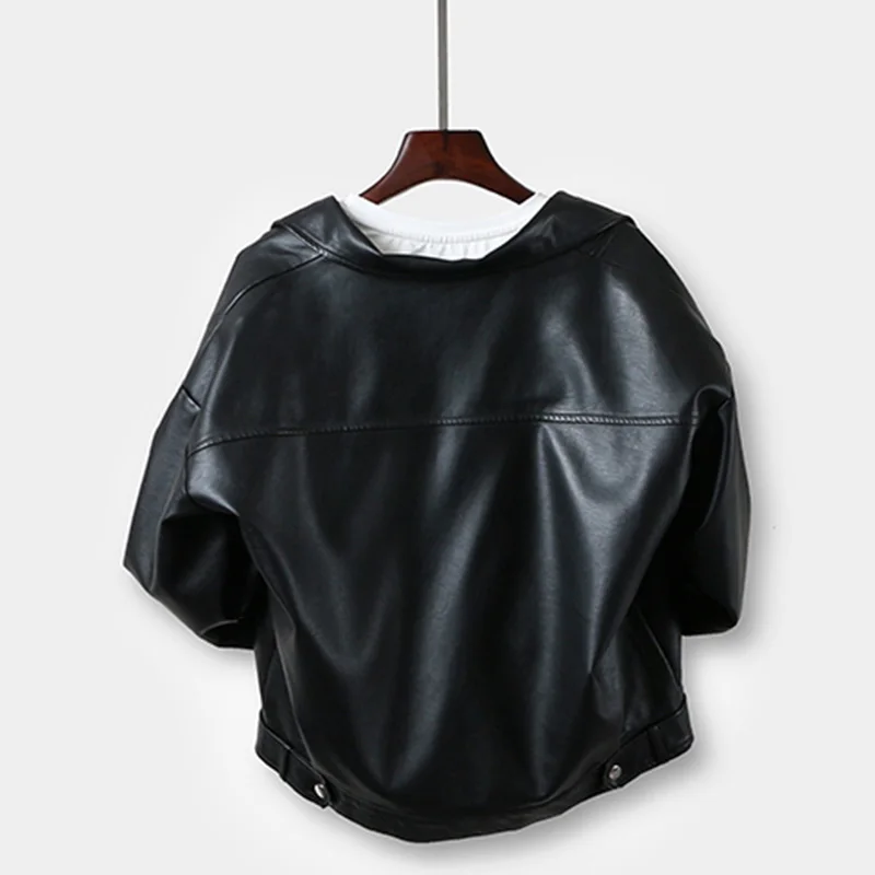 Осенне-весенняя черная кожаная куртка с отложным воротником тонкая женская из