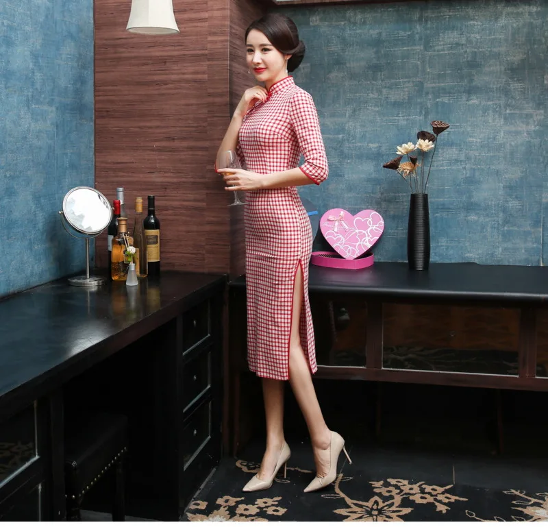 Sheng Коко Женская Полосатая сетка Qipao традиционный ченсам китайское платье решетки Восточная Ципао вечерние длинные Qi Pao платья