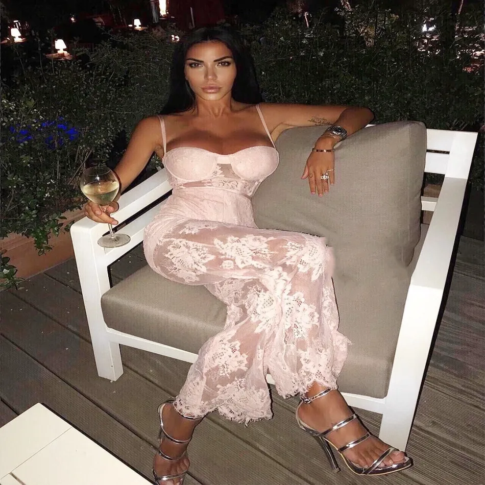 DressBird новые летние женские спортивные костюмы на помочах, Комбинезоны сексуальные спагетти ремень черный хаки Кружева клуб знаменитости боди комбинезон
