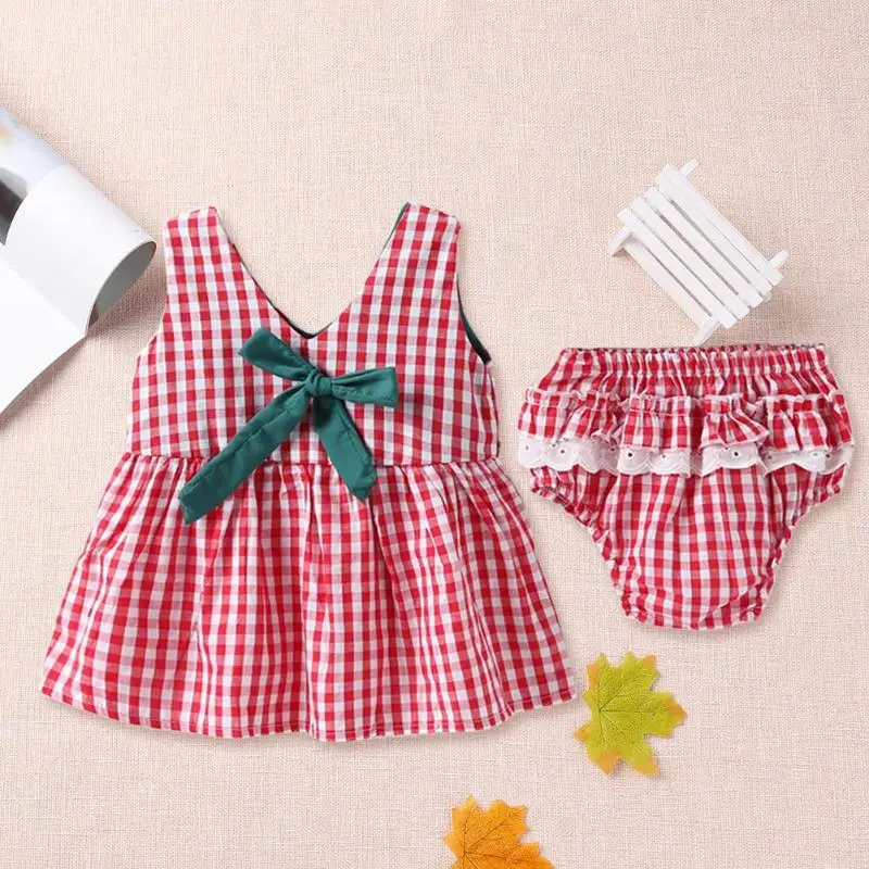 2 шт./компл. летний сарафан в клетку с бантом и кружевом для девочек +