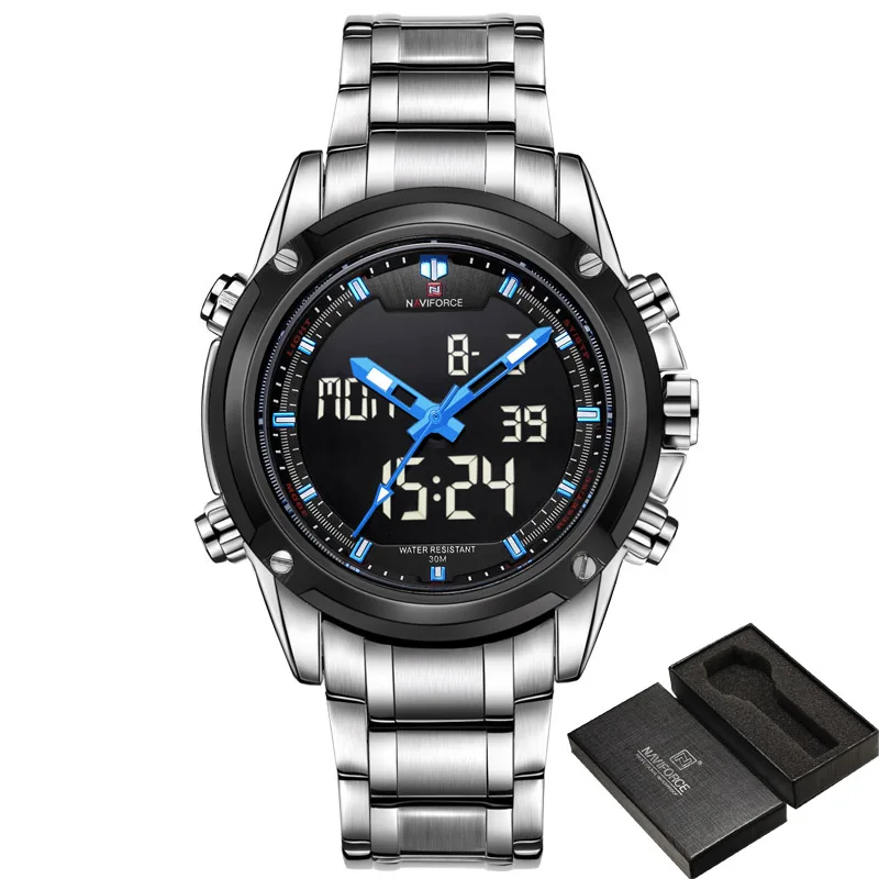 Silver Blue add box Топ мужские часы люксовый бренд Naviforce Мужские кварцевые часы Аналоговые светодиодные спортивные часы мужские армейские военные наручные часы Relogio Masculino - Цвет: Silver Blue add box