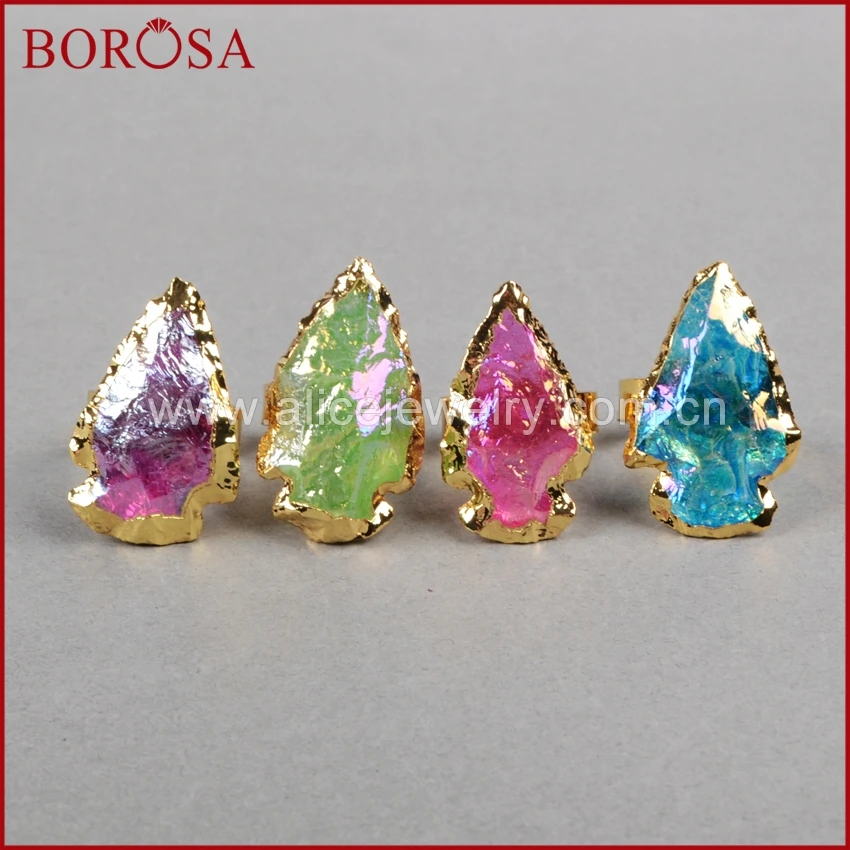 

BOROSA Arrowhead Shape Gold Color Rainbow Titanium Quartz Ring Druzy Quartz Stone Adjustable Ring for Women G0826