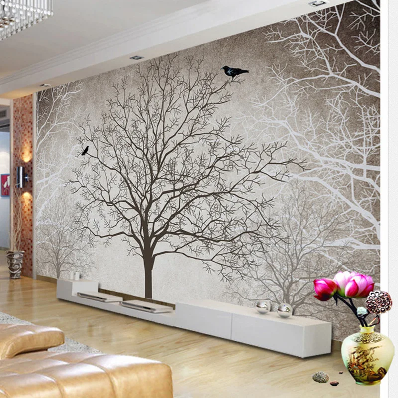 Papel pintado de ramas de árbol abstractas Retro, murales grandes de pájaro, foto 3D personalizada, para sala de estar, sofá, TV, decoración de fondo, Mural de papel de pared